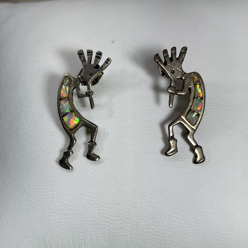 Kokopelli Stud Earrings Pair Native Vintage Sterling Silver W/ Inlay Stone
